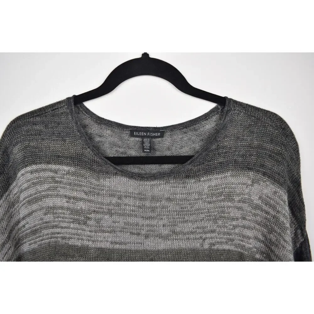 Eileen Fisher Womens Sweater Open Knit Linen Gray Striped Long Sleeve Sz Medium - Picture 2 of 16